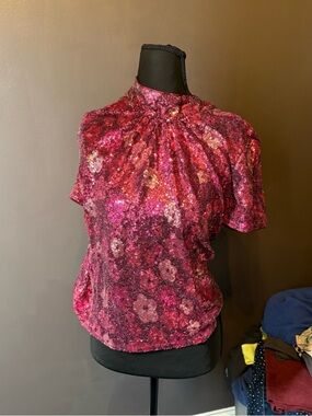 CeCe Pink Sequin Floral Mock-Neck Top